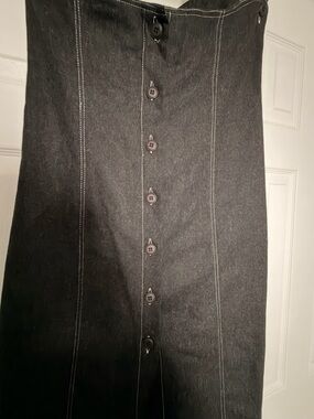 Black Button-Front Maxi Dress with Contrast Stitching, 70% Wool